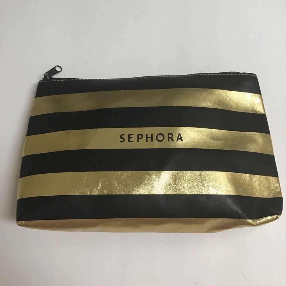 Sephora Makeup Bag Black Gold Stripe Cosmetic Pouch Beauty Organizer Travel 5x8
